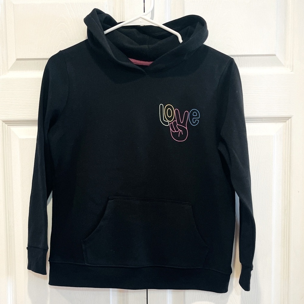 Cat & Jack Girls L(10-12) Black Fleece Pullover Hoodie Sweatshirt "Peace" - Picture 9 of 11